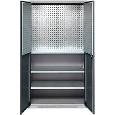 Schäfer Shop Genius materiaalkast FS, 5 OH, afsluitbaar, geperforeerde roosterwanden/3 legborden, tot 450 kg, B 1055 x D 520 x H 1950 mm, blank aluminium/antracietgrijs
