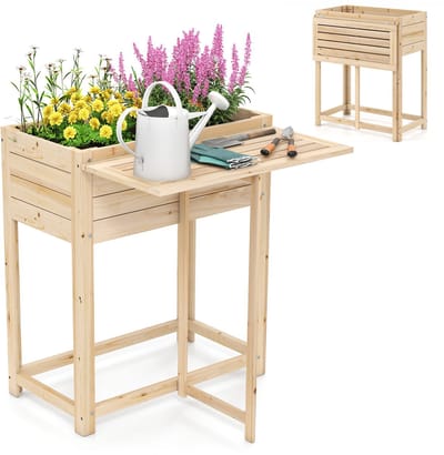 COSTWAY Verhoogde plantenbak met inklapbaar tafelblad, houten bloembak met afvoergaten, verhoogde plantenbak voor bloemen, kruiden, groenten, fruit, tuinbed, dennenhout, 63 x 67 x 74 cm, naturel