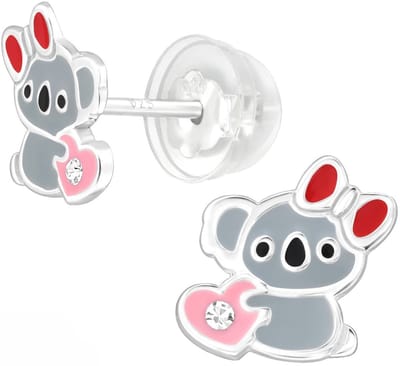 Joy|S - Zilveren koala oorbellen - grijs met roze hartje en rood strikje - kinderoorbellen - extra zacht sluiting (vlindersluiting met siliconen omhulsel)
