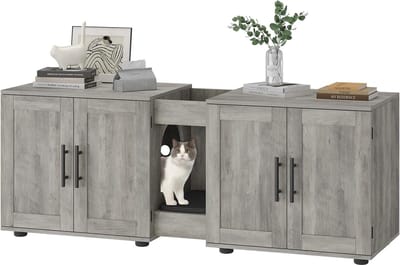 Kattenbak meubel voor 2 katten - dubbel kattenhuis met opbergruimte - grijs -140x45x57CM