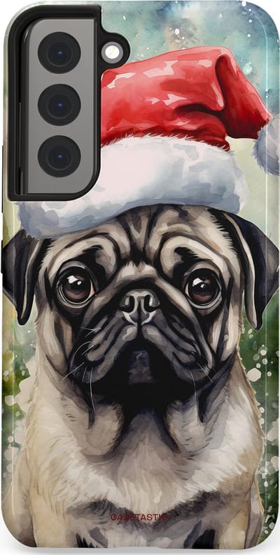 Casetastic hoesje geschikt voor Samsung Galaxy S22 - Dubbellaagse bescherming - Aquarel Kerstmis Pug Hond - Fashion Case - Grijs Taupe Donkergrijs Saliegroen