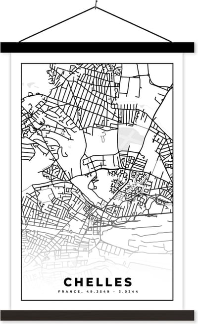 Posterhanger incl. Poster 40x60 cm - Schoolplaat - Frankrijk - Chelles - Stadskaart - Plattegrond - Kaart - Zwart wit - Textielposter - Zwarte latten - Stadskaart
