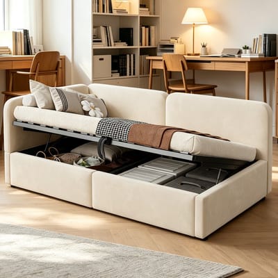 HAUSS SPOLE Gestoffeerd Bed 90x200 cm - Slaapbank Met Hydraulische Opbergruimte - Zonder Matras - Fluweel - Beige