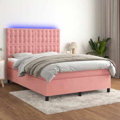 vidaXL - Boxspring - met - matras - en - LED - fluweel - roze - 140x200 - cm