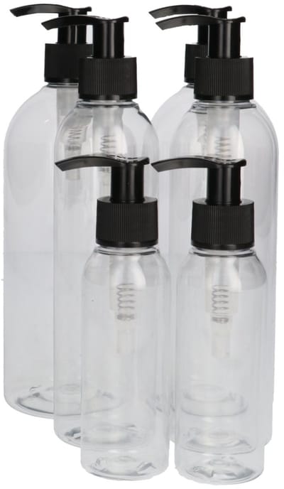 6x Kunststof Transparant Fles met Dispenser Pomp - 100ml, 250ml & 500ml - Plastic PET Flessen, Zeeppompje, Doseerfles, Zeepdispenser