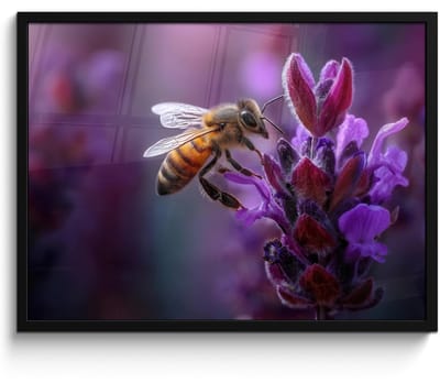 Poster in lijst - Fotolijst 70x50 cm - Posters - Honingbij - Paarse bloemen - Details - Posterlijst zwart - Decoratie - Wanddecoratie woonkamer - Muurdecoratie slaapkamer