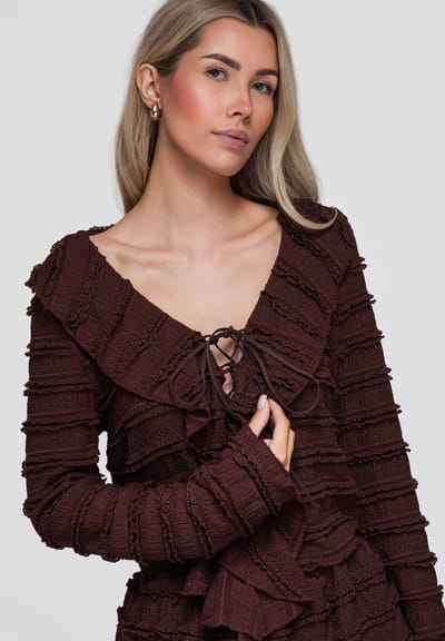 OMBRE Blouse - Slim Fit - Katoen - Lange Mouw Donkerbruin S/M