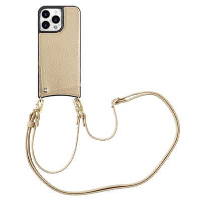 Selencia Hoesje - Geschikt voor Apple iPhone 15 Pro Max - Backcover met koord en pashouder - Beige