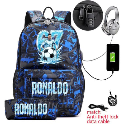 Cr7 Ronaldo 67 Print Anti-diefstal Student Rugzak met Etui voor Tieners Kinderen School Dagrugzak