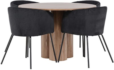 Olivia eethoek tafel Ø110cm en 4 fluwelen stoelen met armleuningen bruin.