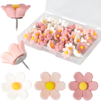 40 stuks decoratieve bloemenpunaises met opbergdoos voor prikborden, foto's en kaarten (wit, roze, donkerroze)