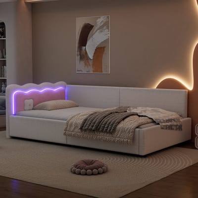 MIVRAY Bedbank 90x200 Cm - Met Led Sfeerverlichting Met Afstandsbediening - Met Lattenbodem - Fluweel En Mdf - Wit - Zonder Matras
