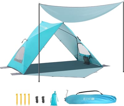 Strandtent Driehoekige strandschelptent - 2-4 personen - pop-up - zonnezeil - UPF 50+ - uv-bescherming - waterdicht - blauw - gezinnen camping tuin
