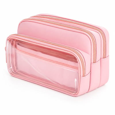 Grote Etui met 4 Vakken - Etui voor School met Doorzichtig Venster voor DIY - Pennenzak met Grote Capaciteit voor 100 Pennen - Multifunctionele Schoolspullen Etui voor Meisjes en Jongens - Roze