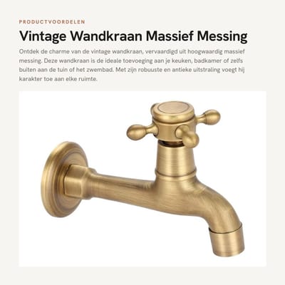 Dailygoods- Wandkraan Antiek - Massief Messing - Wandmontage - Enkel Koudwater - Geschikt voor Keuken/Badkamer - Lengte 12,5 cm - Waterkraan