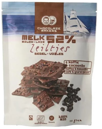 Chocolatemakers Chocozeiltjes donkere melk 52% koffie & nibs 100 gram