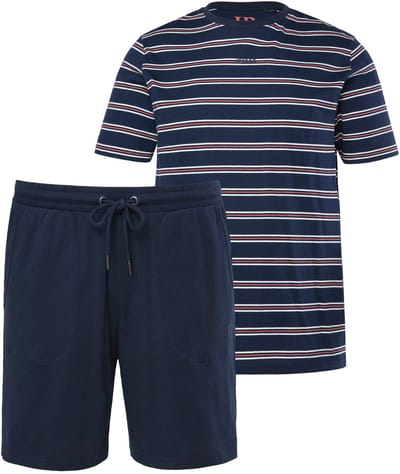 JP 1880 - Heren - Pyjama homewear korte tweedelige set gestreept T-shirt short - Navy blauw - Maat L