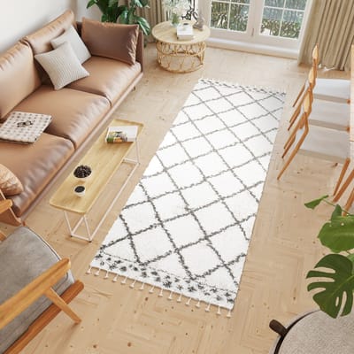 Tapiso Boho Loper Beige Hoogpolig Grijs Kwastjes Woonkamer Vloerkleed Maat- 100x250