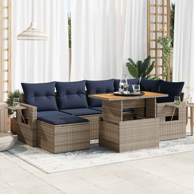 vidaXL - 7-delige - Loungeset - met - kussens - poly - rattan - grijs