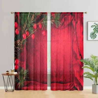 2 stuks, Kerst dennentak rode gordijn gordijnen -30% verduistering - geschikt voor woonkamer, slaapkamer, keuken, huisdecoratie W150CM H166CM&Rod pocket red