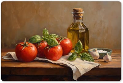 Placemats 45x30 cm - Placemat kunststof - 1 stuk - Tomaten - Olijfolie - Stilleven - Borden onderleggers - Decoratie voor op tafel - Keuken tafeldecoratie accessoires - Vinyl onderlegger - Tafelversiering