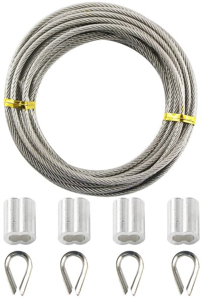 Dailygoods- Kabel 5 m x 3 mm - Gegalvaniseerd Staal - PVC Coating - Inclusief 8 Klemelementen - Duurzaam - Zilverkleurig - Staaldraad