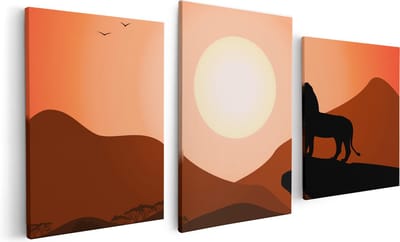 Artaza Canvas Schilderij Drieluik Lion King - Silhouet Van Een Leeuw - 120x60 - Foto Op Canvas - Canvas Print