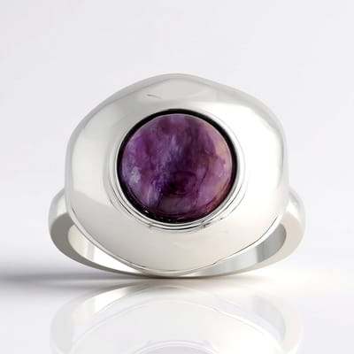Cavill - Zilveren Ring - 925 Sterling Zilver met Rhodium - Charoiet 1,794 ct Ronde Cabochon - Russische Edelsteen, Elegante Damesring, Maat 17-21