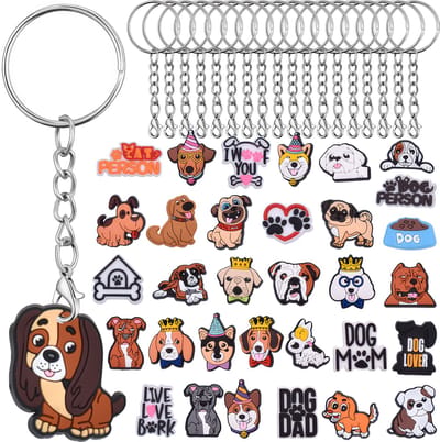 30x Sleutelhangers met 33 Hondjes Charms - Sleutel Hangers Knutselpakket Set - Speelgoed Sleutelringen - Karabijnhaak Keyrings Sieraden Maken - Trakteren Keychain Fidget Toy - Grabbelton Uitdeelcadeaus Traktatie voor Meisjes, Jongens & Kinderen
