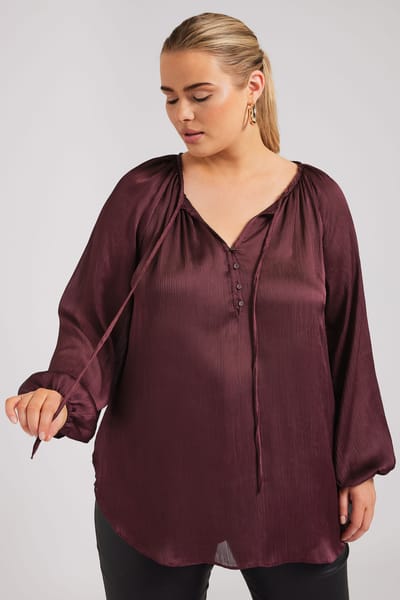 Yours Blouse Met Lange Mouwen En Strikdetail In Bordeauxrood Size 44