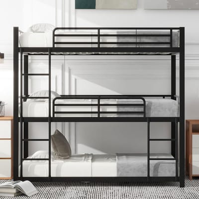 Stapelbed 90 x 200 cm - Ruimtebesparend Metalen Bed voor Kinderen en Volwassenen - Drievoudig Bed met Veiligheidsleuningen en Vaste Ladder
