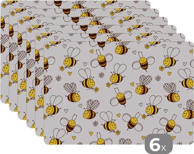 Placemat - Placemats kunststof - Bij - Bloemen - Hart - Patronen - 45x30 cm - 6 stuks - Hittebestendig - Anti-Slip - Onderlegger - Afneembaar