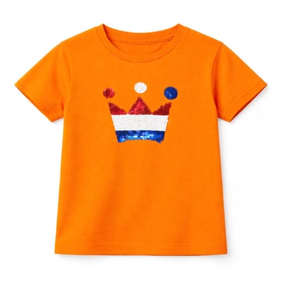 Starry Indigo - Oranje shirt kinderen Kroontje met magic sequence | Koningsdag | Holland | EK-WK-Olympische Spelen | Oranje | Kind 11-12 jaar | Maat 152