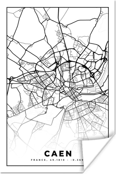 Poster Kaart - Caen - Stadskaart - Frankrijk - Plattegrond - Zwart wit - 120x180 cm XXL