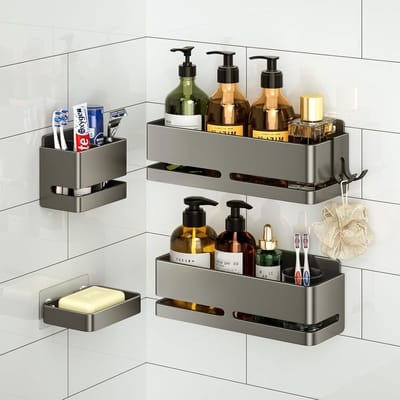 Doucherek Zonder Boren, No-Drilling Adhesive Wandmontage Badkamer Doucheplank,Tandenborstelhouder, zeepbakje, haak， voor Badkamer Keuken Opslag(Grijs 5-pack)