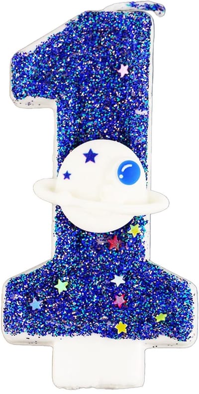 Dailygoody - Ruimte Kaars - Eerste Verjaardag - Glanzend Ruimteschip - Blauw - Taarttopper - Decoratie voor Jongen - Ruimte Thema