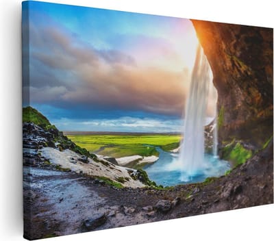Artaza Canvas Schilderij IJsland - 30x20 cm - Klein - Wanddecoratie Landschap - Muurdecoratie Waterval - Kamer Accessoires Natuur