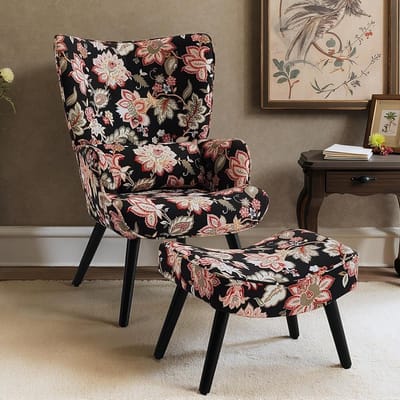 HomeMiYN Fauteuil met Voetenbank – Eénpersoons Loungestoel in Linnenlook Zwart met Rode Bloemen – Comfortabele Relax Stoel met Hocker – Vintage Design Stoel voor Woonkamer en Slaapkamer