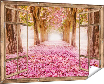 Gards Tuinposter Doorkijk Romantische Bomen Tunnel met Roze Anjers - 150x100 cm - Tuindoek - Tuindecoratie - Wanddecoratie buiten - Tuinschilderij