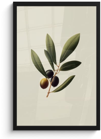 Poster in lijst - Fotolijst 40x60 cm - Posters - Olijftak - Donkergroen - Olijven - Posterlijst zwart - Decoratie - Wanddecoratie woonkamer - Muurdecoratie slaapkamer