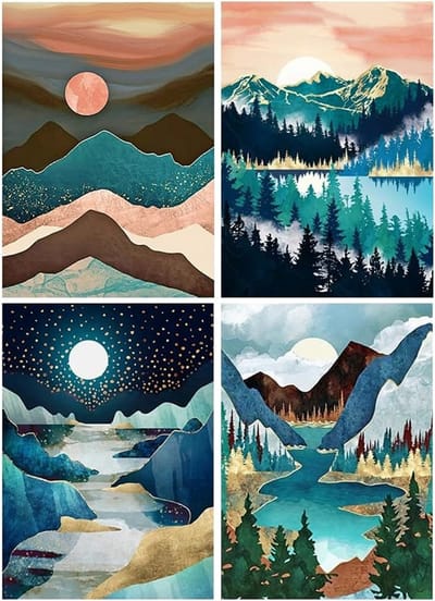 5D Diamant Schilderen Set - 4 Stuks 12x16 inch - Abstracte Landschappen met Bergen en Rivier - Volledige Drill Crystal Kunst voor Volwassenen