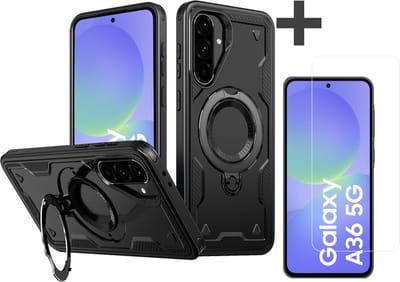 Hoesje Geschikt voor Samsung Galaxy A36 met gehard glas Screenprotector - Armor hoes met Ringhouder - Arara backcover - Zwart