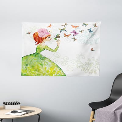 ABAKUHAUS vlindertapijt, Cartoon Lady Pastel, woonkamer slaapkamer wanddoek zijdezacht satijn wandtapijt, 150 x 100 cm, oranje groen roze