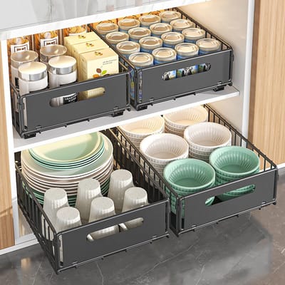 Kastorganizer, 4 stuks, uittrekbare ladeplankopslag, keukenkast, binnenlade, organizer, uittrekbaar, voor eetkamer en badkamer (4 Small)