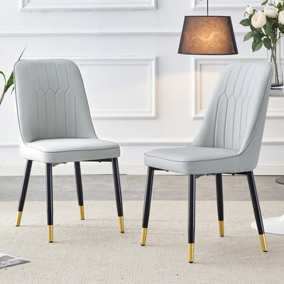MODFU Eetkamerstoel set van 2, PU-leer, zwarte metalen poten, modern lichtgrijs
