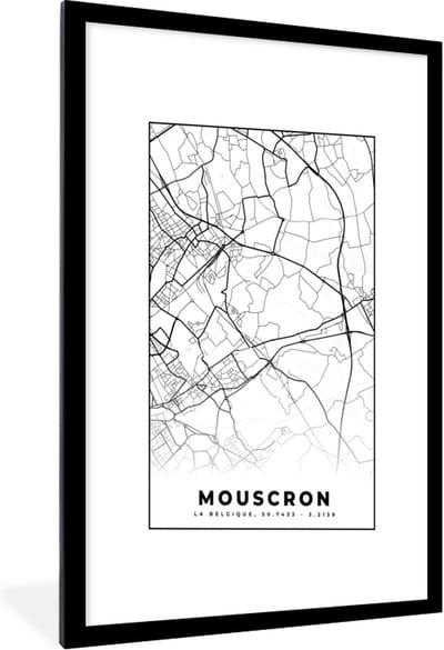 Fotolijst incl. Poster Zwart Wit- Zwart Wit – België – Plattegrond – Stadskaart – Kaart – Mouscron - 60x90 cm - Posterlijst