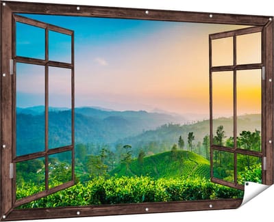 Gards Tuinposter Doorkijk Zonsondergang op een Thee Plantage - 180x120 cm - Tuindoek - Tuindecoratie - Wanddecoratie buiten - Tuinschilderij