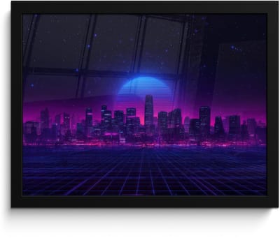 Poster in lijst - Fotolijst 40x30 cm - Posters - Skyline - Zon - Neon - Rasterpatroon - Posterlijst zwart - Decoratie - Wanddecoratie woonkamer - Muurdecoratie slaapkamer