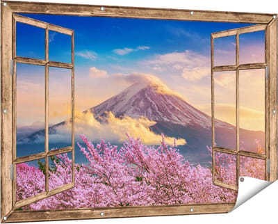 Gards Tuinposter Doorkijk Fuji Berg met Roze Bloesembomen - Bloemen - 150x100 cm - Tuindoek - Tuindecoratie - Wanddecoratie buiten - Tuinschilderij