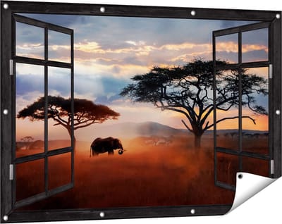 Gards Tuinposter Doorkijk Olifant in het Wild - Savanne - 120x80 cm - Tuindoek - Tuindecoratie - Wanddecoratie buiten - Tuinschilderij